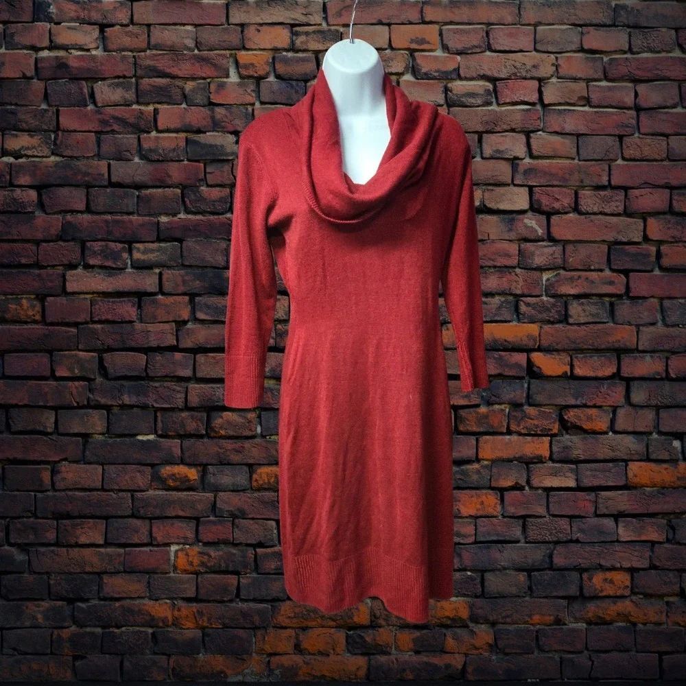 Connected Apparel Red Sweater Dress Womens M Cowl Neck Bodycon 3/4 Sleeve